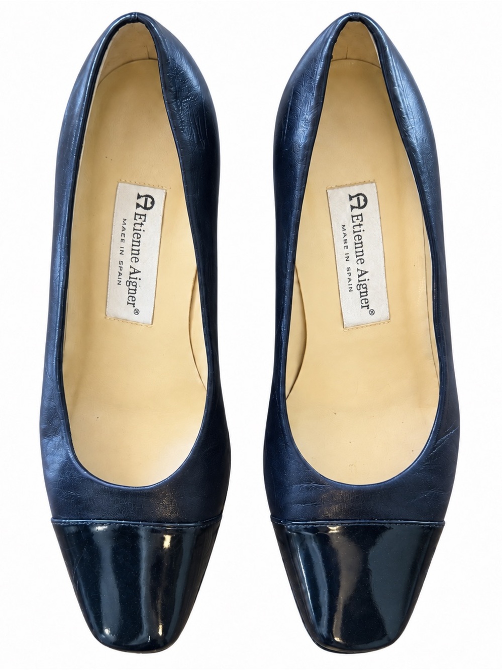 90s Vintage Etienne Aigner Strada Black Leather Patent Cap Toe Pumps 8M
